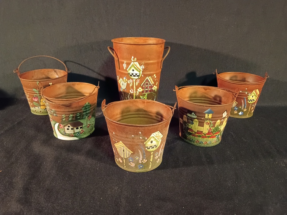 Set of 6 Rustic Hand Painted Metal Garden Buckets Birdhouse Planters Decor